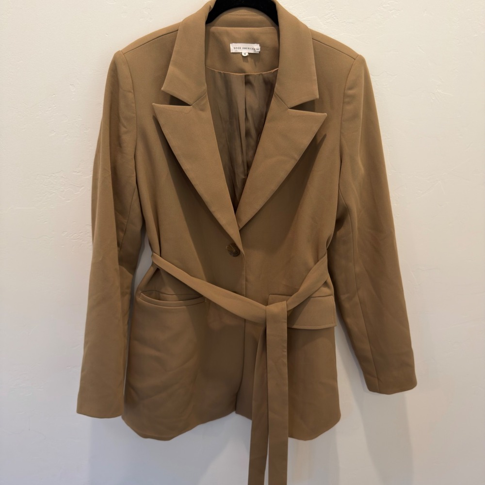 Good American Camel Belted Blazer Jacket GJK0031 Tan Size 2